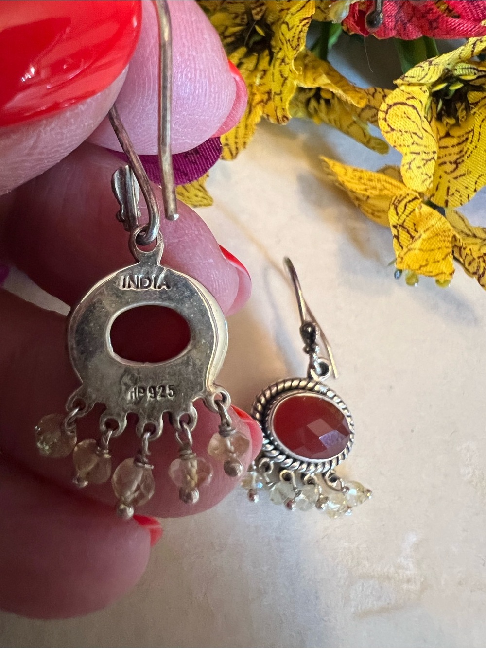 Sterling Silver Red Carnelian Dangle Earrings with Citrine Bead Fringe - Picture 4 of 5